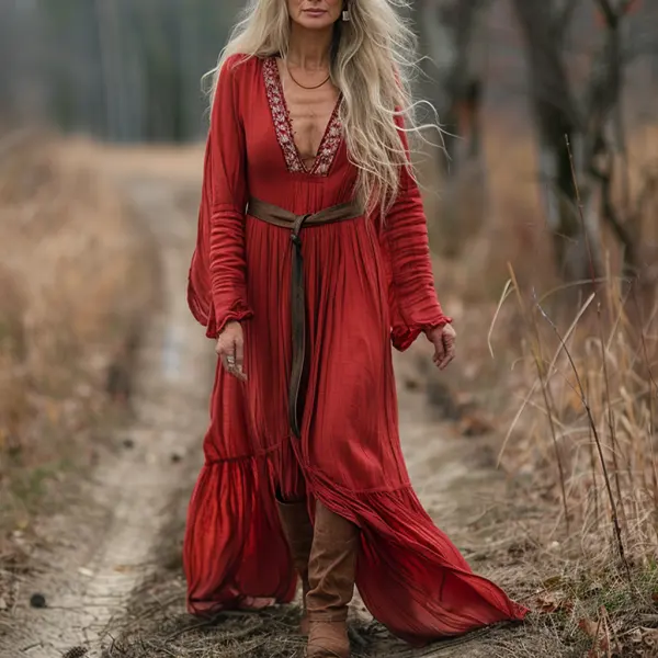 Vintage V-neck Linen Long-sleeve Dress - Spiretime.com 
