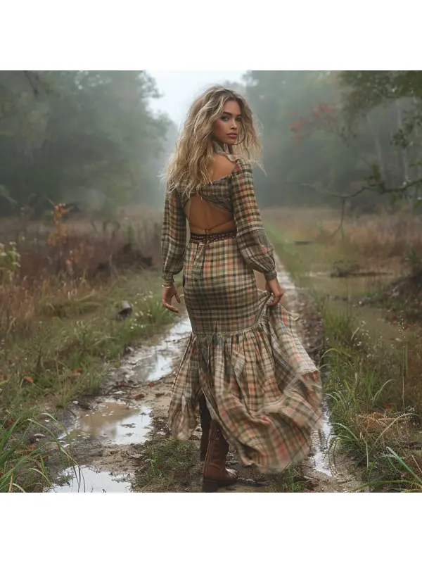 Retro Plaid Long Sleeve Dress Sexy Long Dress - Cominbuy.com 