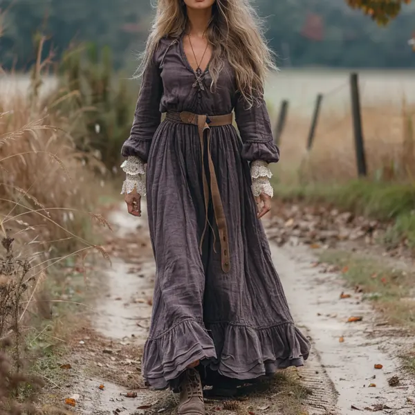 Vintage V-neck Linen Long-sleeve Dress - Yiyistories.com 