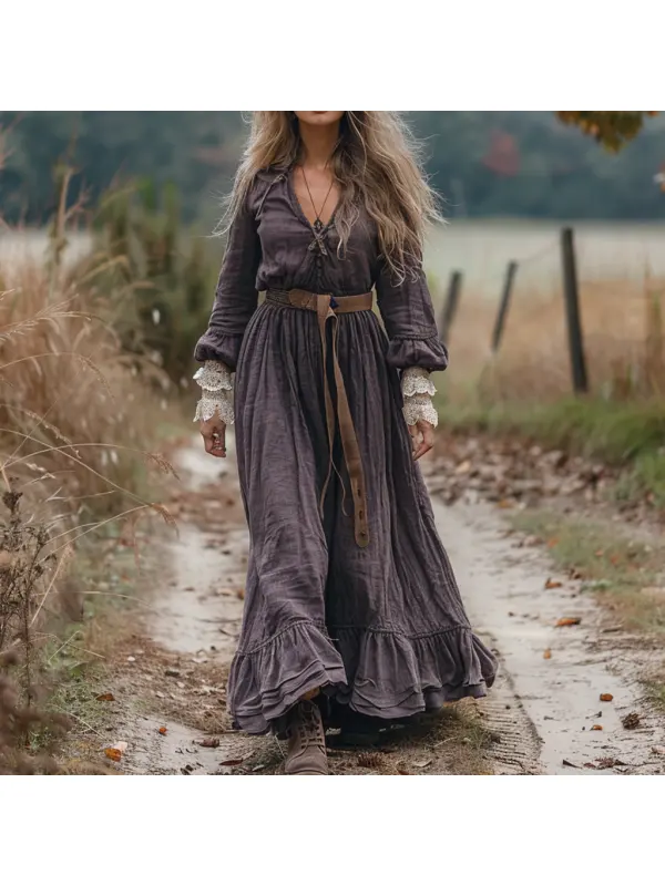 Vintage V-neck Linen Long-sleeve Dress - Realyiyishop.com 