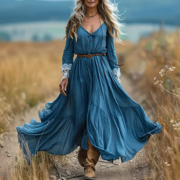 Vintage V-neck Linen Long-sleeve Dress - Spiretime.com 