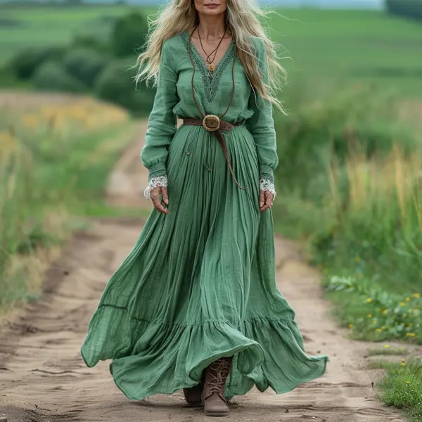 Vintage V-neck Linen Long-sleeve Dress - Spiretime.com 