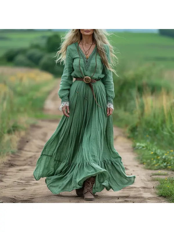 Vintage V-neck Linen Long-sleeve Dress - Realyiyi.com 