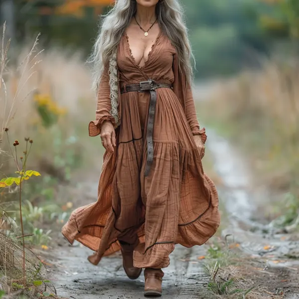 Vintage V-neck Linen Long-sleeve Dress - Spiretime.com 