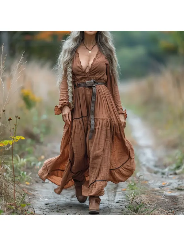 Vintage V-neck Linen Long-sleeve Dress - Realyiyi.com 