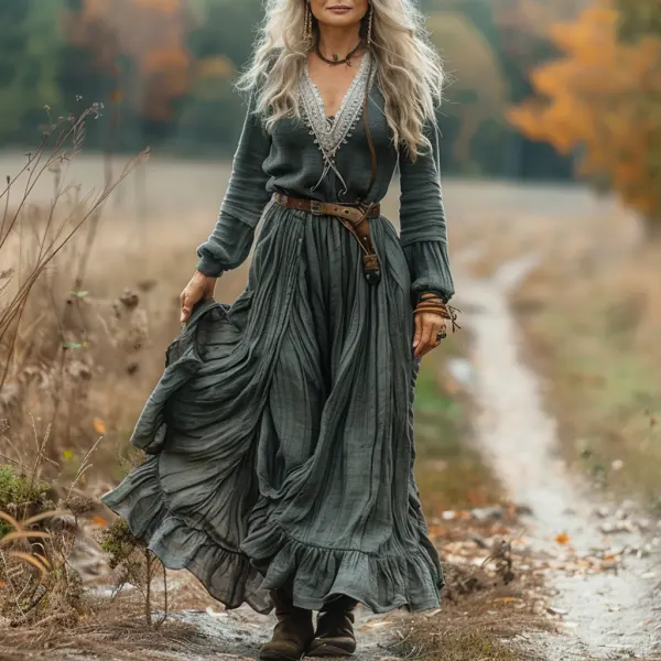 Vintage V-neck Linen Long-sleeve Dress - Spiretime.com 