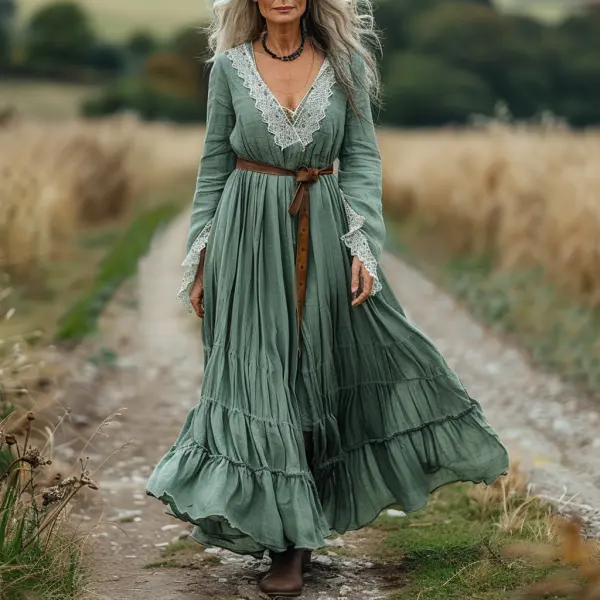 Vintage V-neck Linen Long-sleeve Dress - Spiretime.com 