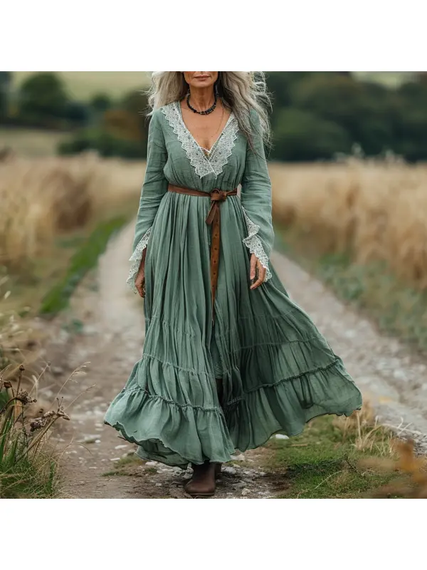 Vintage V-neck Linen Long-sleeve Dress - Cominbuy.com 