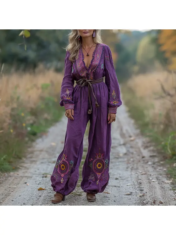 Vintage Ethnic Print Jumpsuit - Realyiyi.com 