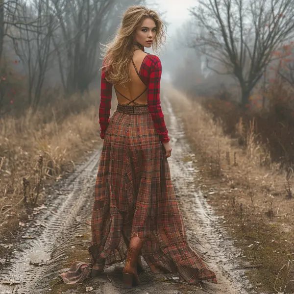 Retro Plaid Long Sleeve Dress Sexy Long Dress - Ootdyouth.com 