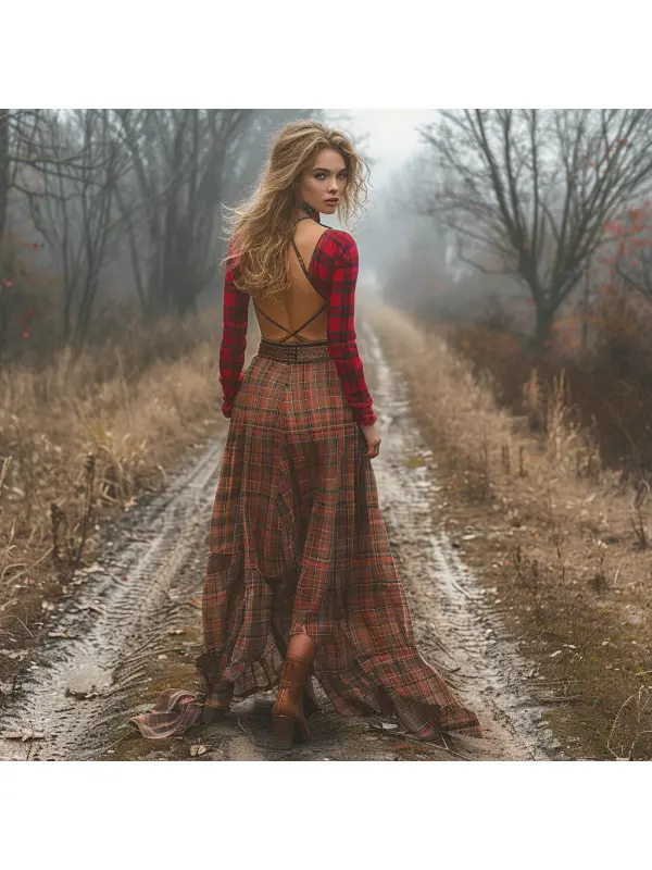 Retro Plaid Long Sleeve Dress Sexy Long Dress - Viewbena.com 