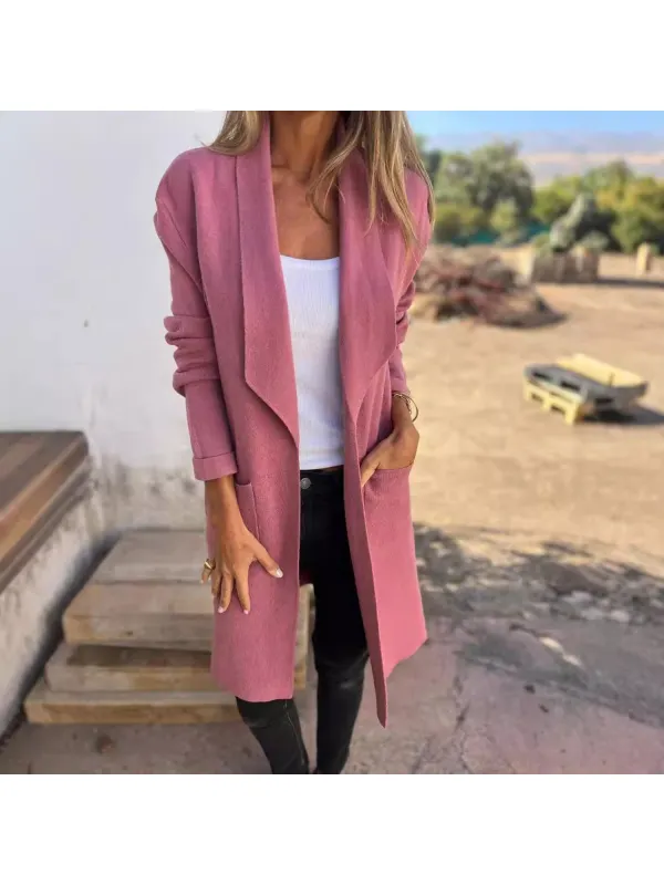 Lapel Solid Color Long Pocket Woolen Cardigan - Realyiyishop.com 