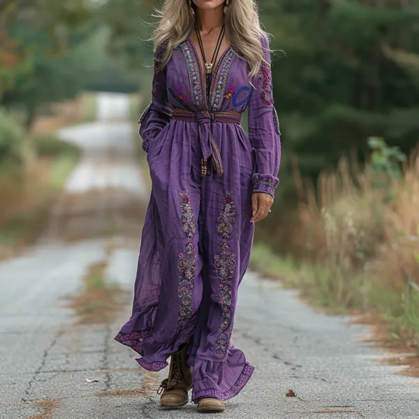 Ethnic Print Long Sleeve V-neck Jumpsuit - Ootdyouth.com 