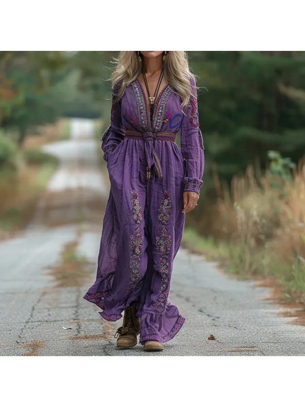 Ethnic Print Long Sleeve V-neck Jumpsuit - Realyiyi.com 