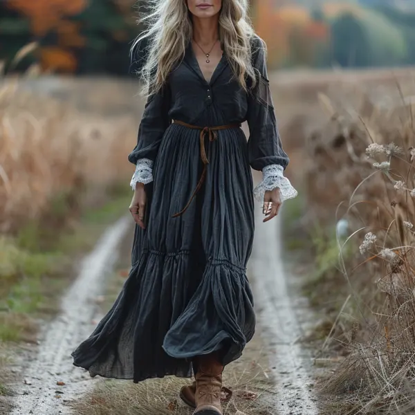 Vintage V-neck Linen Long-sleeve Dress - Yiyistories.com 