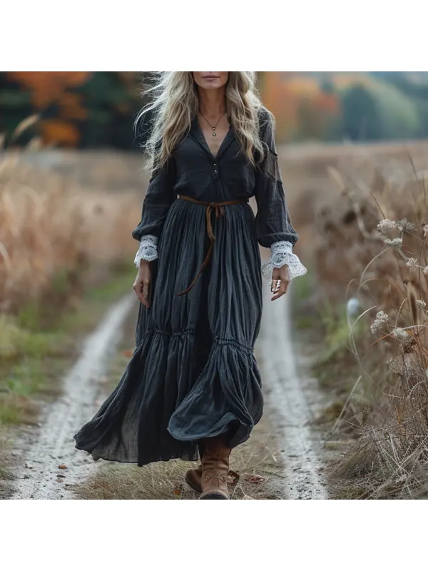 Vintage V-neck Linen Long-sleeve Dress - Cominbuy.com 