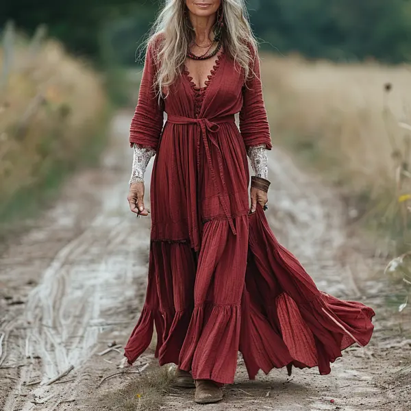 Vintage V-neck Linen Long-sleeve Dress - Spiretime.com 