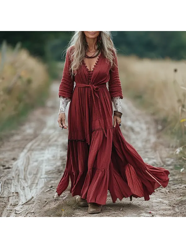 Vintage V-neck Linen Long-sleeve Dress - Cominbuy.com 