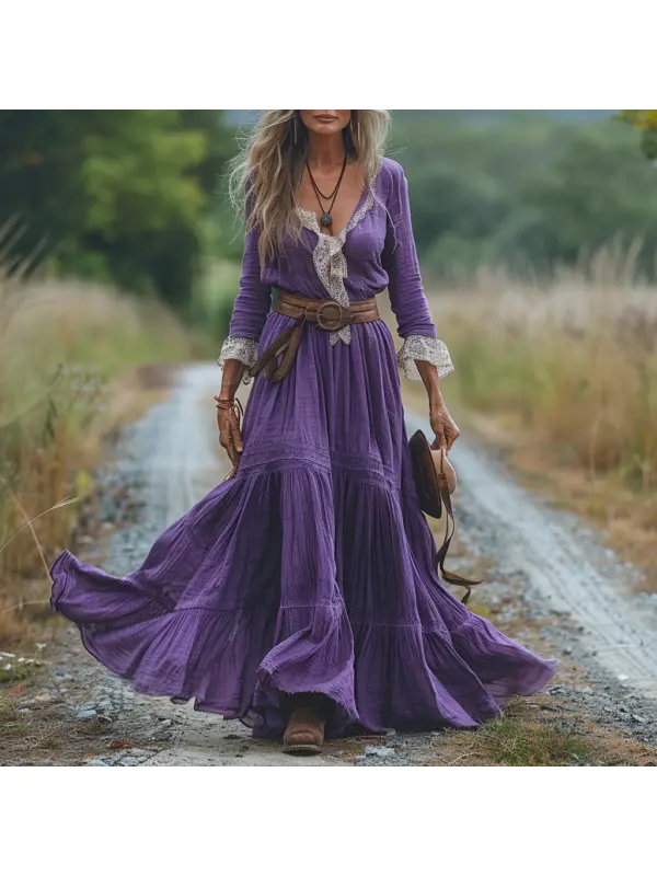 Vintage V-neck Linen Long-sleeve Dress - Cominbuy.com 