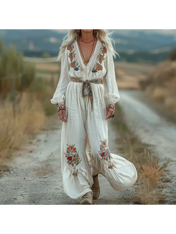 Vintage Ethnic Print Loose Jumpsuit - Viewbena.com 