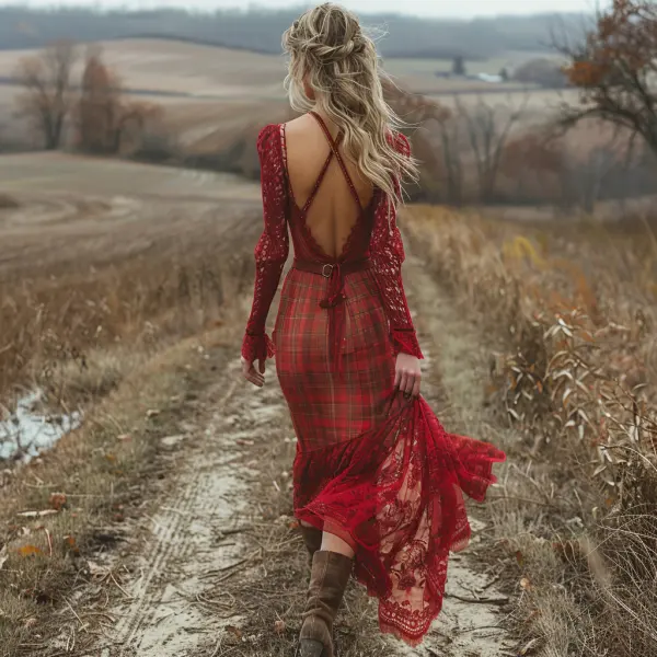 Retro Plaid Long Sleeve Dress Sexy Long Dress - Yiyistories.com 