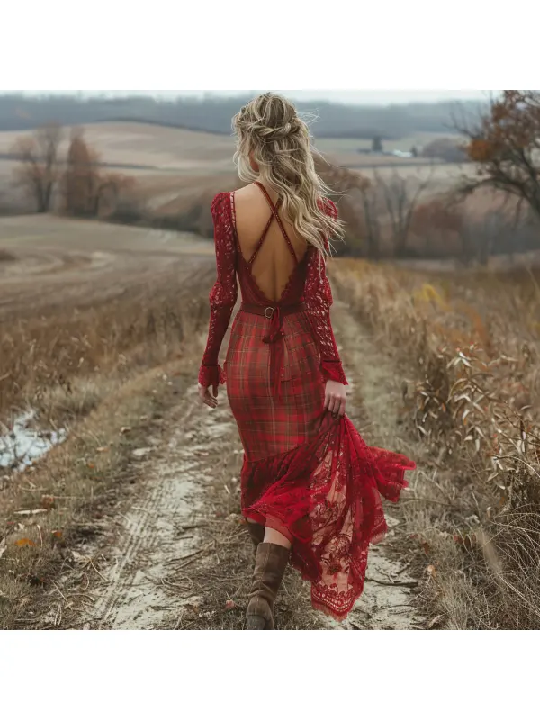 Retro Plaid Long Sleeve Dress Sexy Long Dress - Cominbuy.com 