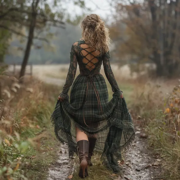 Retro Plaid Long Sleeve Dress Sexy Long Dress - Yiyistories.com 