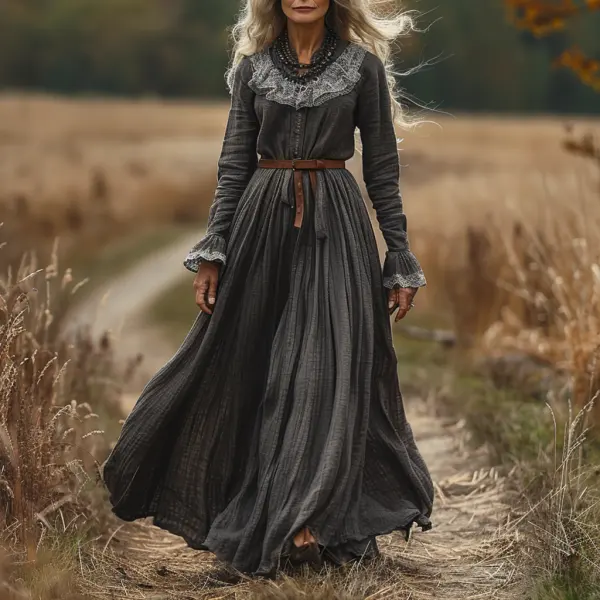 Vintage V-neck Linen Long-sleeve Dress - Yiyistories.com 