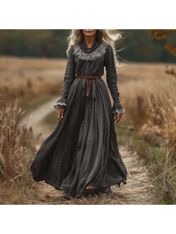 Vintage V-neck Linen Long-sleeve Dress - Realyiyi.com 