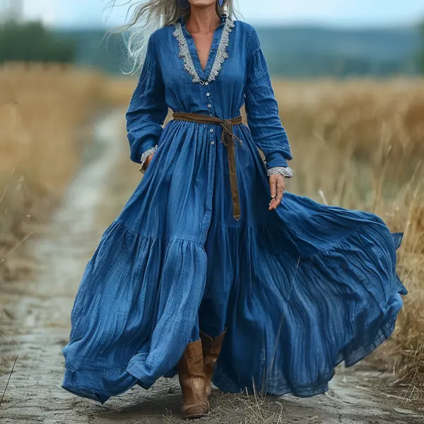 Vintage V-neck Linen Long-sleeve Dress - Yiyistories.com 