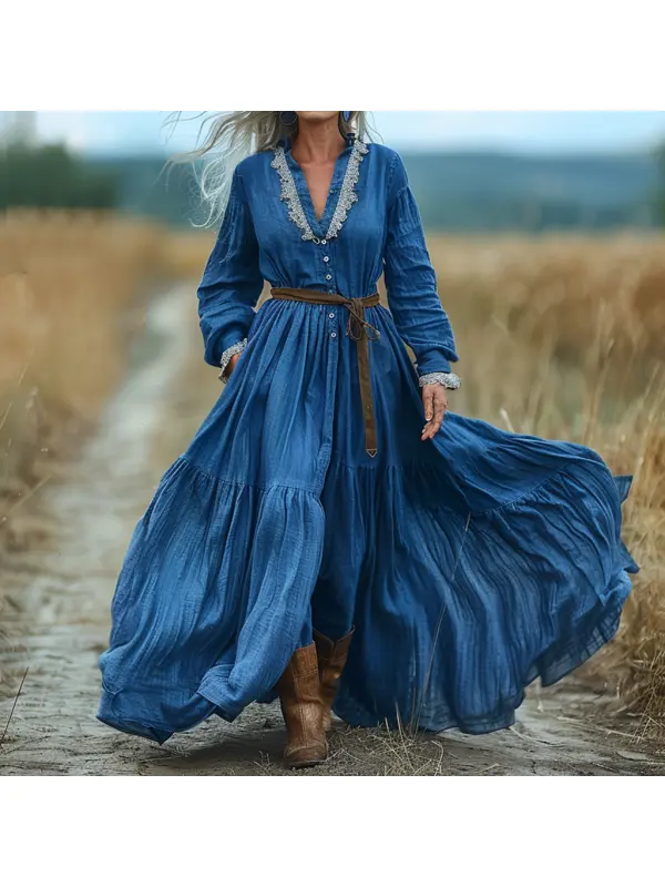 Vintage V-neck Linen Long-sleeve Dress - Realyiyi.com 