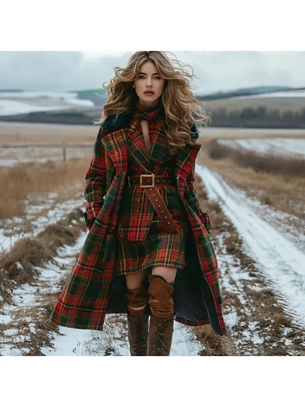 Plaid Retro Casual Wool Coat Long Coat - Cominbuy.com 