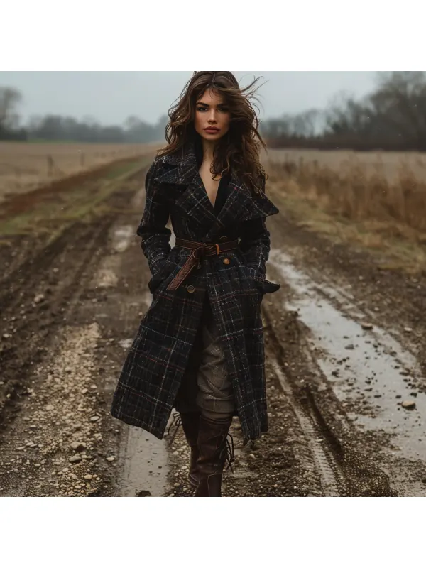 Plaid Retro Casual Wool Coat Long Coat - Realyiyi.com 