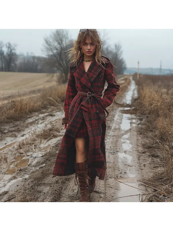 Plaid Retro Casual Wool Coat Long Coat - Cominbuy.com 