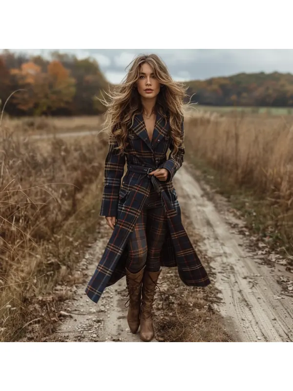 Plaid Retro Casual Wool Coat Long Coat - Cominbuy.com 