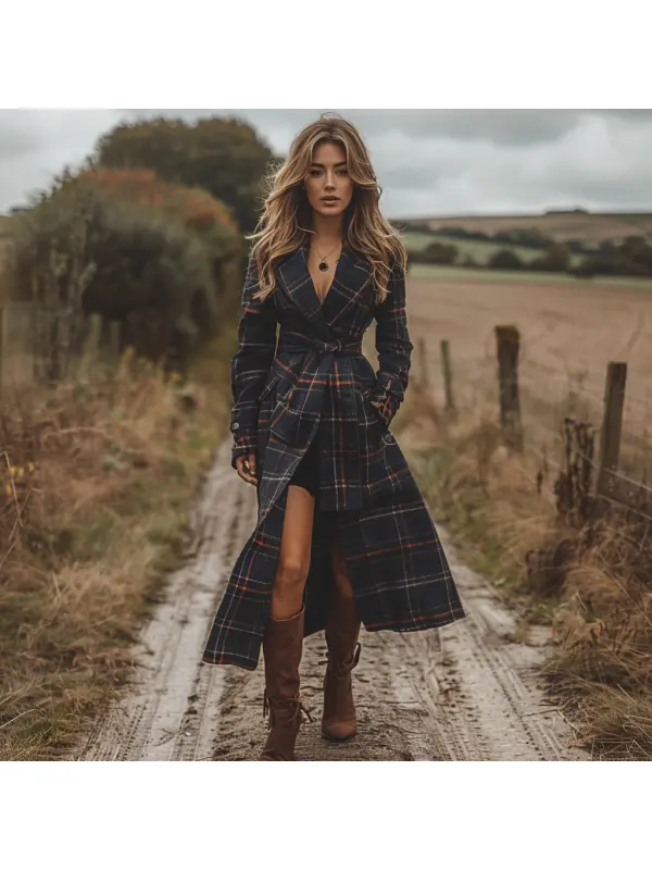 Plaid Retro Casual Wool Coat Long Coat - Cominbuy.com 