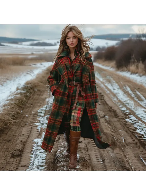 Plaid Retro Casual Wool Coat Long Coat - Cominbuy.com 