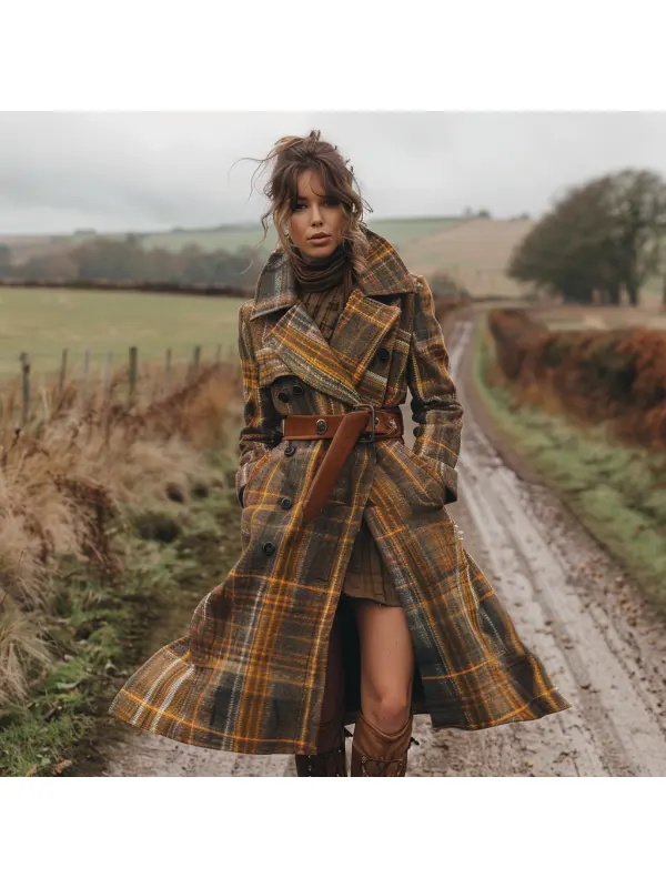 Plaid Retro Casual Wool Coat Long Coat - Cominbuy.com 