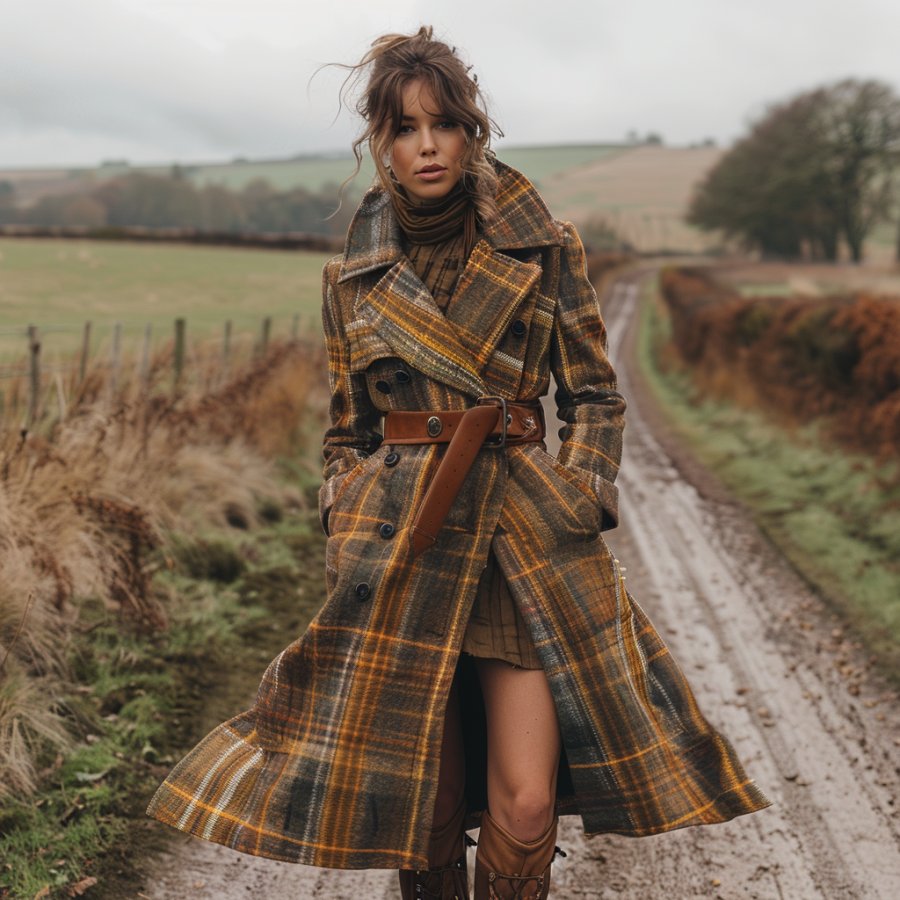 

Plaid Retro Casual Wool Coat Long Coat