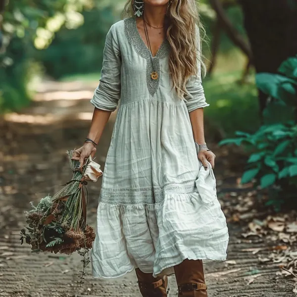 Women's Linen Bohemian Casual Long Sleeves Maxi Dress - Spiretime.com 