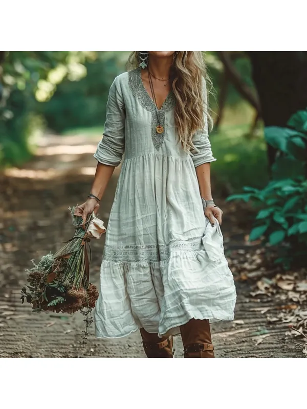 Women's Linen Bohemian Casual Long Sleeves Maxi Dress - Viewbena.com 