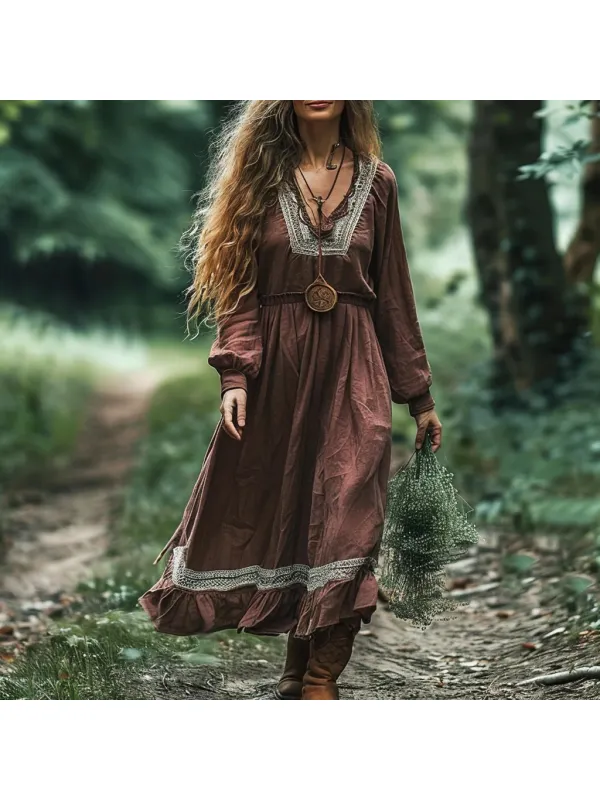 Women's Linen Ethnic Long Sleeves Maxi Dress - Realyiyishop.com 