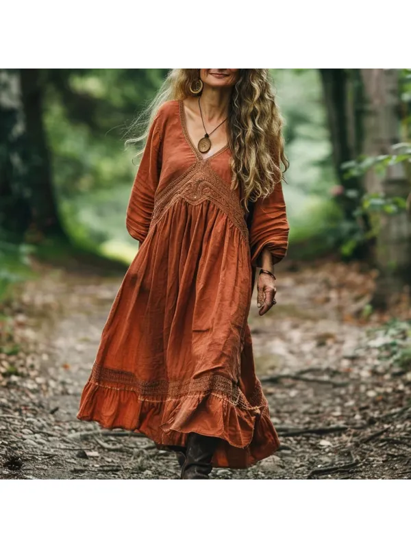 Women's Linen Bohemian Long Sleeves Maxi Dress - Anrider.com 