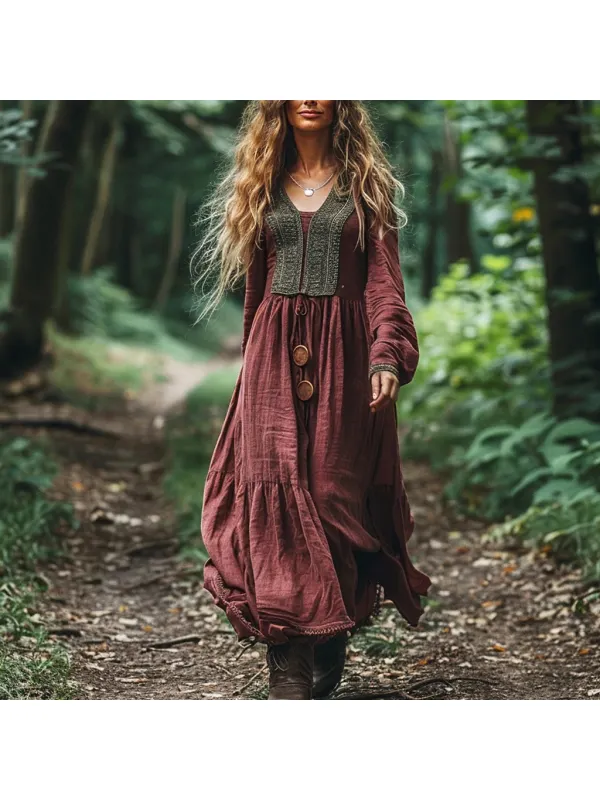 Women's Linen Bohemian Long Sleeves Casual Maxi Dress - Anrider.com 