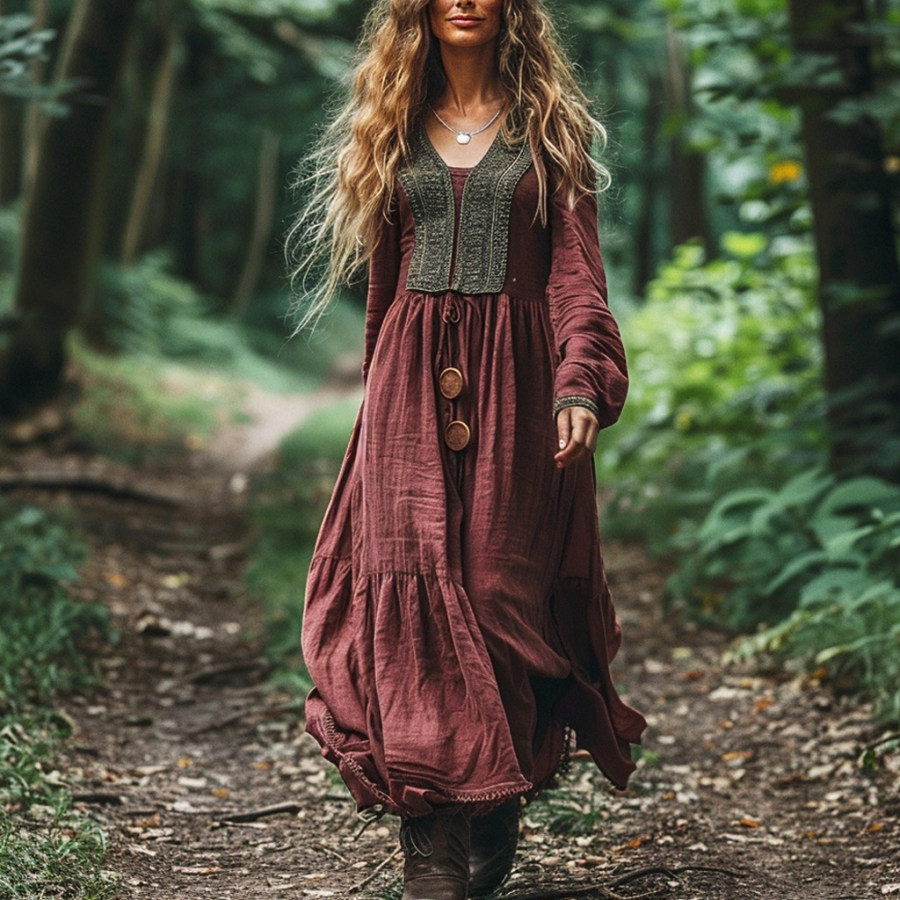 

Women's Linen Bohemian Long Sleeves Casual Maxi Dress