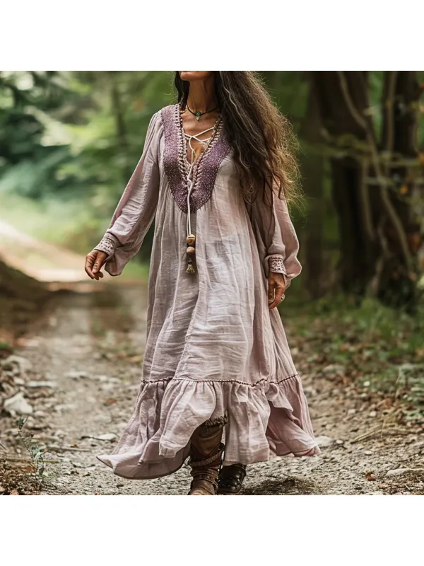 Women's Linen Bohemian Long Sleeves Maxi Dress - Viewbena.com 