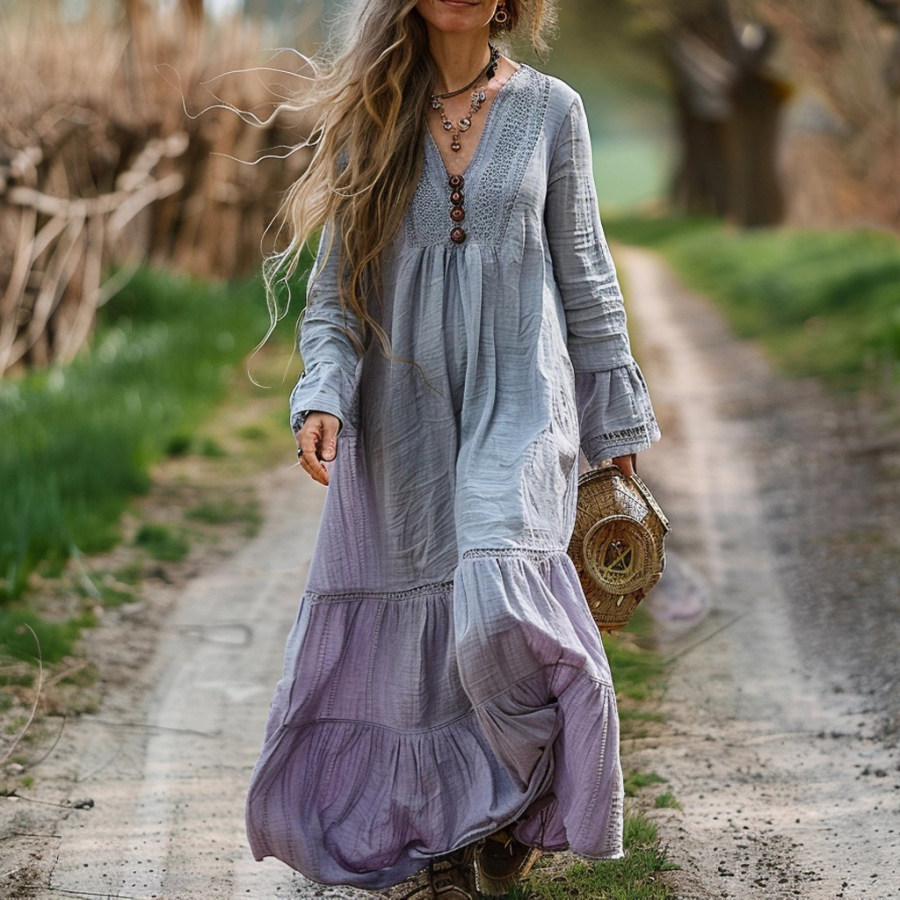 

Women's Linen Ethnic Solid Color Maxi Dress