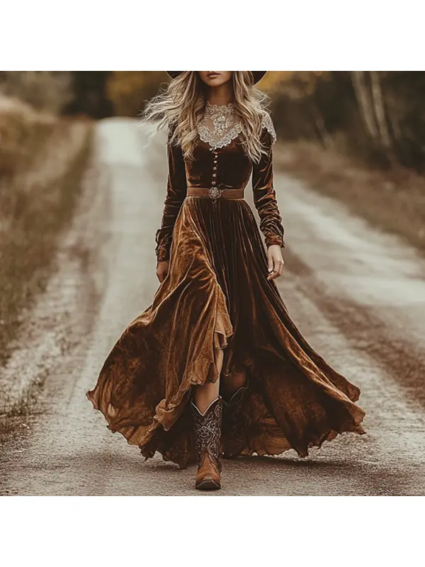 Women's Western Cowboy Brown Wrapped Chest Strap Lace Velvet Dress - Cominbuy.com 