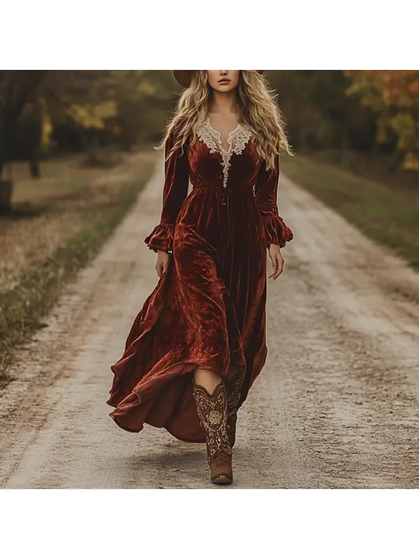 Women's Western Cowboy Brick Red Chest Strap Lace Bohemian Style V-neck Velvet Dress - Viewbena.com 