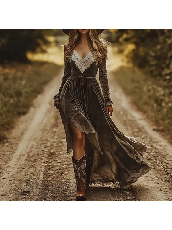 Women's Western Cowboy Advanced Gray Chest Strap Lace Bohemian Style V-neck Chest Lace Velvet Dress - Realyiyishop.com 